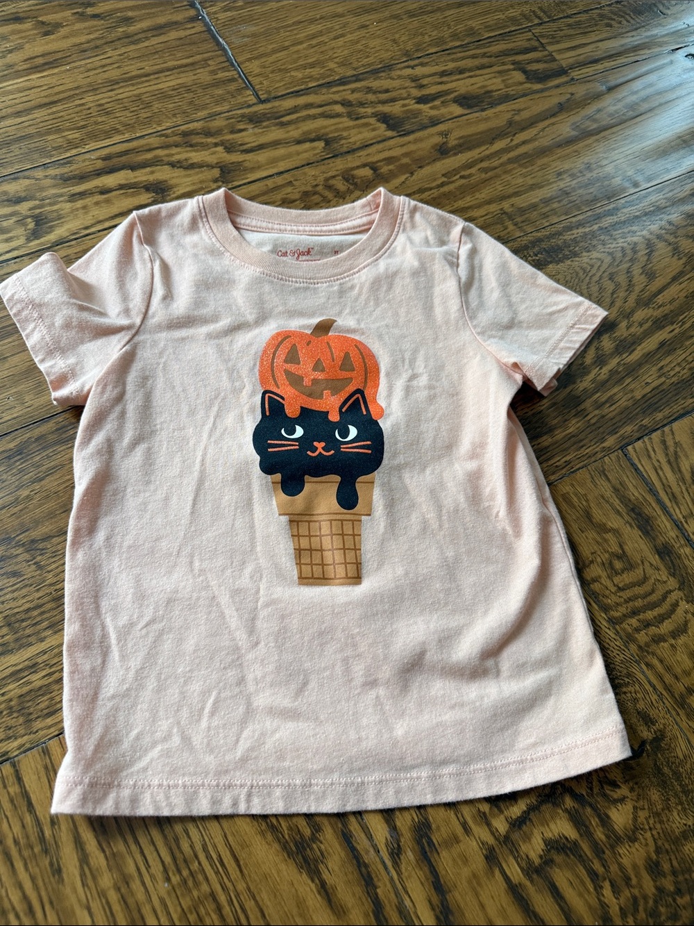 Cat & Jack Light Orange Tee with Black Cat and Orange Pumpkin Graphic
